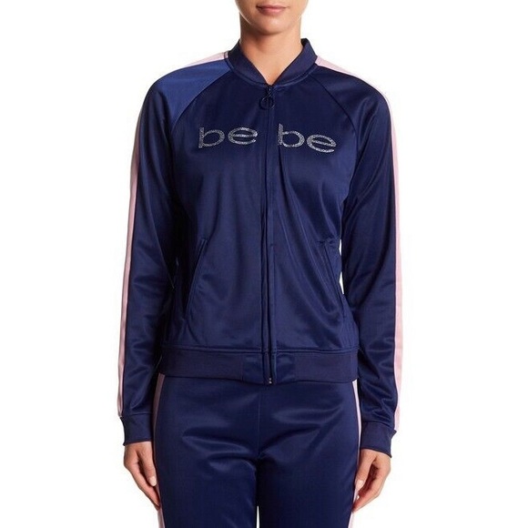 Bebe Sport Tricot Crystal Logo Navy Striped Track Jacket - Picture 2 of 13